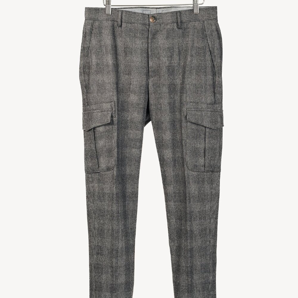 Eleventy Grey Wool-Cashmere Houndstooth Check Flannel Cargo Pant